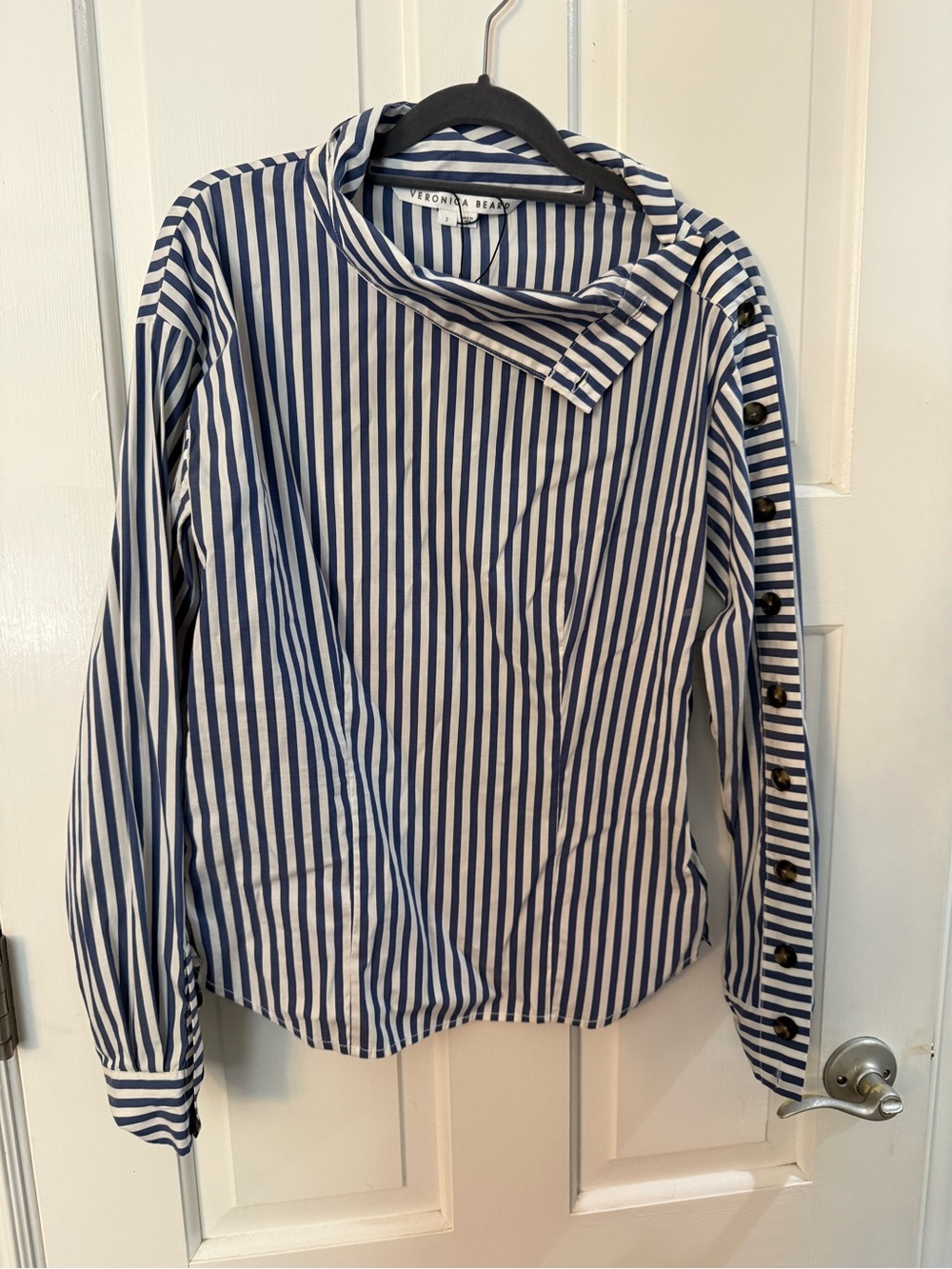 Veronica Beard Blue and White Striped Button-Accent Shirt